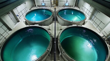 Four large, circular water tanks in an industrial facility.
