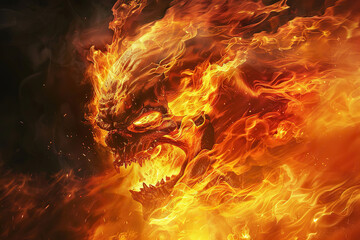 Fototapeta premium Scary sinister devil is in hell with dramatic bright fire lighting, abstract vivid composition consists of fictional unreal fantastic vision on background