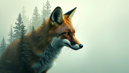 Fototapeta premium Double exposure portrait of a fox blends with an ancient green forest