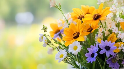 Vibrant Wildflower Bouquet with Yellow Daisies and Mixed Blooms in Nature : Generative AI