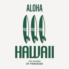 Minimalist Hawaii surfboard design featuring "Aloha" text and three surfboards. Perfect for beachwear, tropical-themed projects, and souvenirs. Evokes the carefree spirit of Hawaiian surf culture.