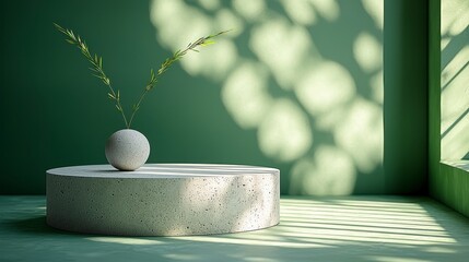 Minimalist scene with plant in a round vase on a stone pedestal.