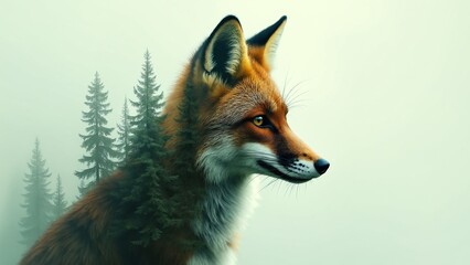 Obraz premium Double exposure portrait of a fox blends with an ancient green forest