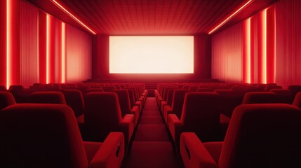 Fototapeta premium People in the cinema auditorium with Cinema blank wide screen and red chairs in the cinema hall,People silhouettes watching movie performance,empty white screen,space for text,copy space.