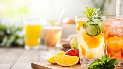 Fototapeta premium Refreshing Summer Cocktails with Citrus and Berry Garnishes on Wooden Board : Generative AI