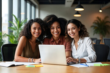 Three Happy Women Collaborating at a Modern Office Desk, business women working together