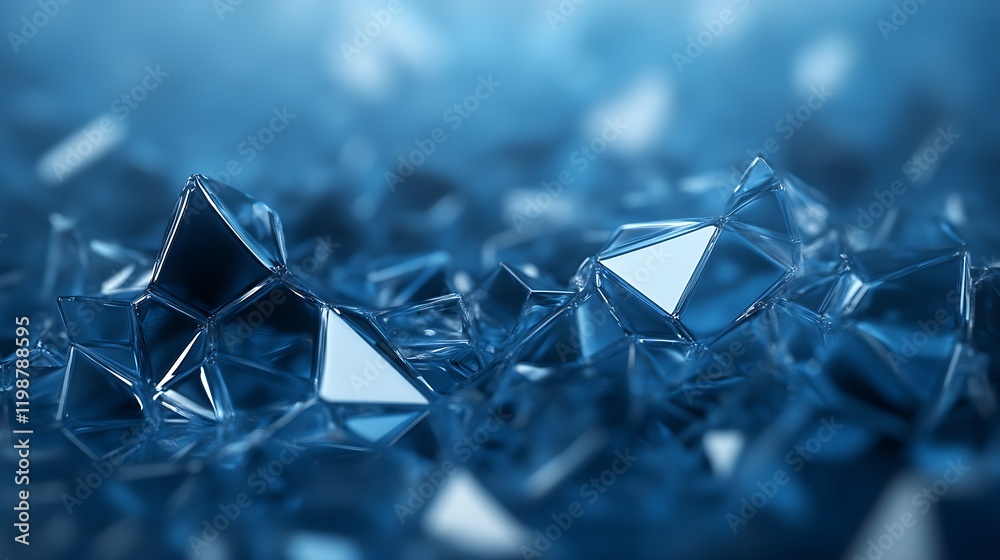 Poster geometric crystal shapes in blue with reflective surfaces and depth : generative ai