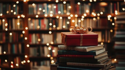 Cozy Holiday Gift with Books in a Warm Library Setting