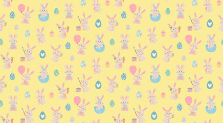 Fototapeta premium Seamless pattern with Easter eggs and cute bunnies on yellow background.