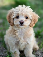 Obraz premium Adorable Fluffy Young Puppy Sitting in Lush Green Grass on a Sunny Day : Generative AI