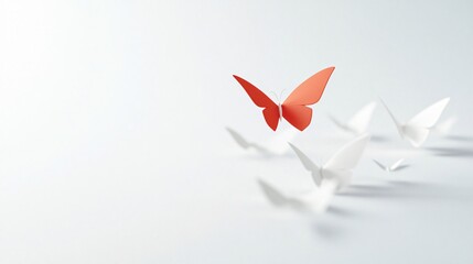 A coral butterfly leads a flock of white butterflies on a white background. Concept of leadership, courage, and standing out from the crowd. Minimalist art with paper butterflies. 