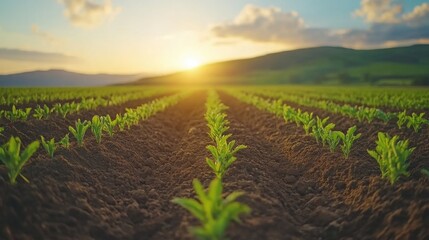 Sunrise over vibrant green agricultural field with fresh sprouts