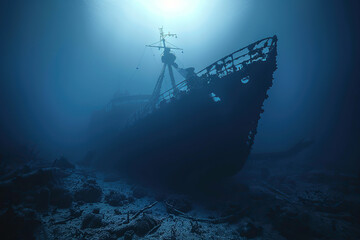 Fototapeta premium Underwater view of an old sunken ship on seabed with fish swimming around, abstract vivid composition consists of fictional unreal fantastic vision on background