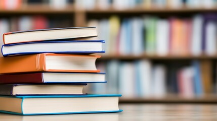 Stack of Books on Table with Blurred Library Background : Generative AI