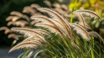 Ornamental grass gently swaying in the sunlight, showcasing its delicate texture and vibrant colors in a serene garden environment.