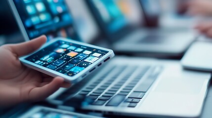 Person Holding Smartphone over Laptop with Multiple Screens Displaying Apps in a Modern Office : Generative AI