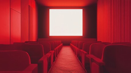 Fototapeta premium People in the cinema auditorium with Cinema blank wide screen and red chairs in the cinema hall,People silhouettes watching movie performance,empty white screen,space for text,copy space.
