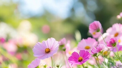 Vibrant Pink and White Cosmos Flowers in Bloom Against a Soft Focus Nature Background : Generative AI