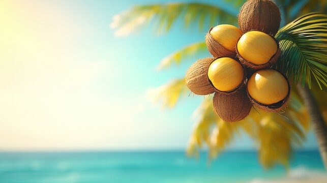 Tropical beach scene with palm trees and coconuts against a vibrant blue sky
