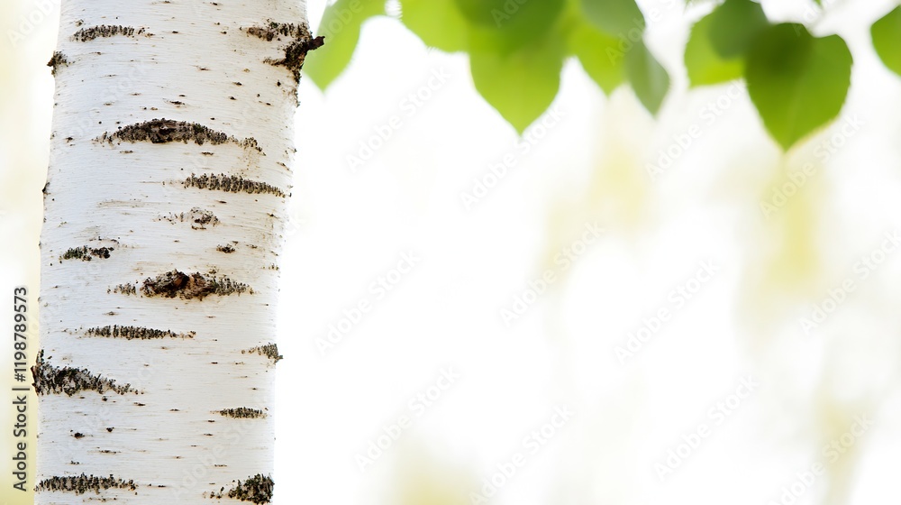 Poster Close-Up of Birch Tree Trunk with Green Leaves in Soft Focus Background : Generative AI