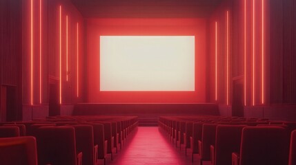 Fototapeta premium People in the cinema auditorium with Cinema blank wide screen and red chairs in the cinema hall,People silhouettes watching movie performance,empty white screen,space for text,copy space.