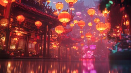 Obraz premium Enchanted Asian Temple at Night with Glowing Lanterns