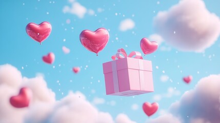 A Box flying on a parachute with pink cloud in valentine day,package flying down from sky and cloud with parachute, concept for delivery service,shopping online,air delivery service.