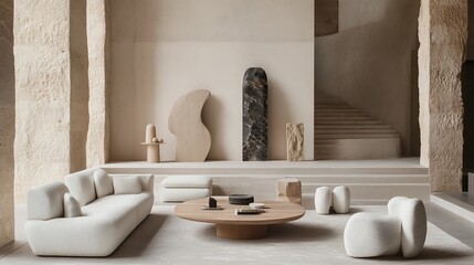 Modern minimalist living room interior with beige sofa, round coffee table, and sculptural art.