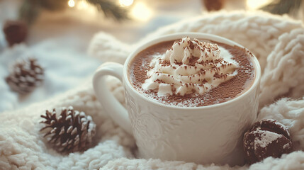 A cozy cup of hot chocolate with a swirl of whipped cream and a light dusting of cocoa powder, perfect for relaxing during the winter season.