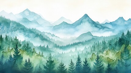 Fototapeta premium Watercolor of landscape forest misty mountains horizon and fog and hills,pine tree fir tree,Autumn forest background,drawn by hand,Autumn illustration design elements for landscape,wallpaper.