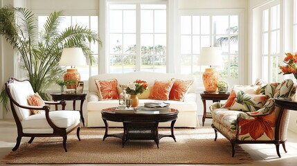 Fototapeta premium Bright living room with white sofas, orange pillows, tropical plants, and large windows.