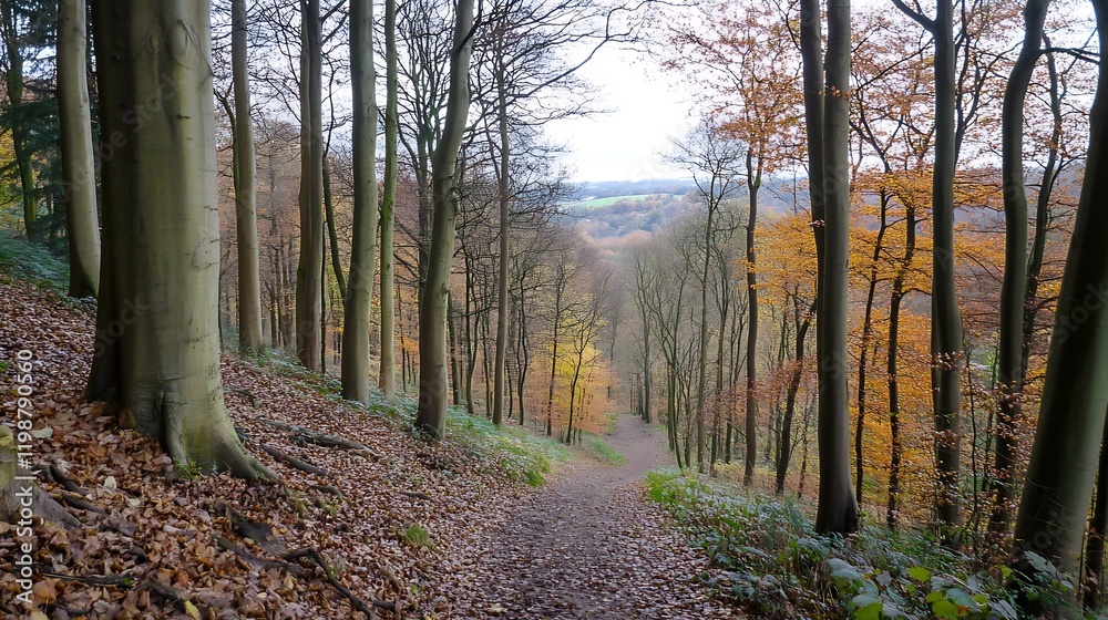 Poster scenic autumn forest path with vibrant foliage and rolling hills in serene countryside setting : gen