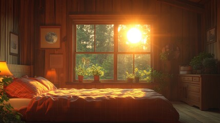 Sunrise in a cozy wooden bedroom.