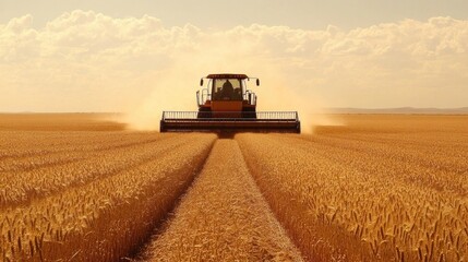 Fototapeta premium Combine harvester in golden wheat field during harvest season