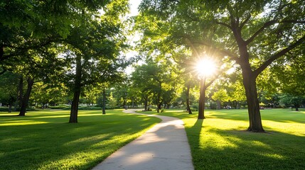 Obraz premium Sunlit Pathway Through a Green Park with Soft Shadows and Vibrant Trees : Generative AI
