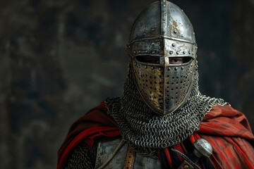 Naklejka premium Fantastic beautiful royal knight in iron armor guards castle chambers, abstract vivid composition consists of fictional unreal fantastic vision on background