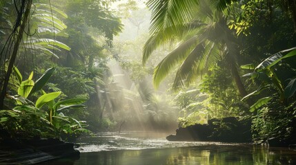 Tranquil Tropical Forest with a Gentle River and Sunlight Filtering Through Foliage