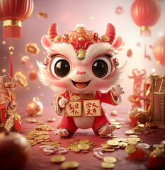 Naklejka premium Adorable Cartoon Goat in Red Chinese New Year Outfit with Gold Coins
