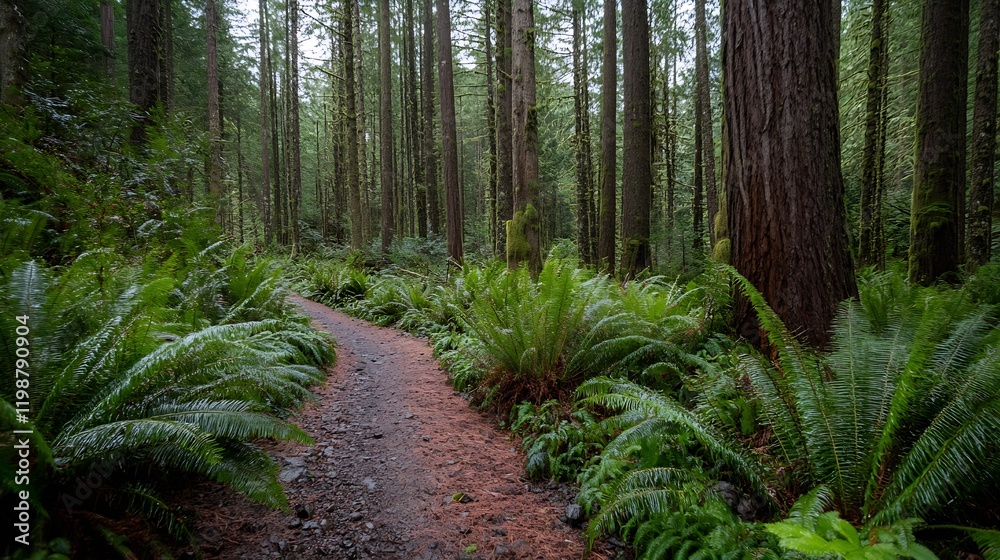 Poster scenic forest trail through lush green ferns and towering trees in serene ancient woodland landscape