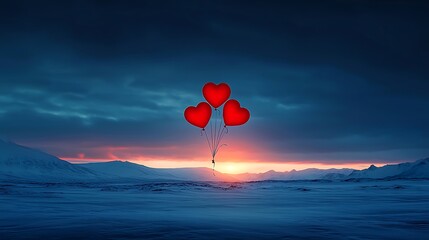 Obraz premium Serene Moment Captured at Sunset with Heart-Shaped Balloons Floating in a Dreamy Landscape Featuring Calm Waters and Gentle Colors
