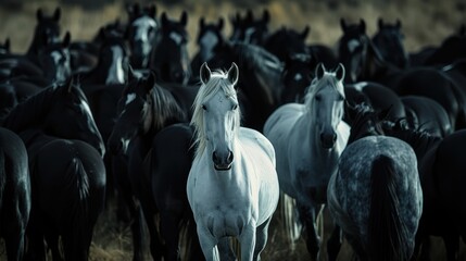 A striking white horse stands out among black horses.