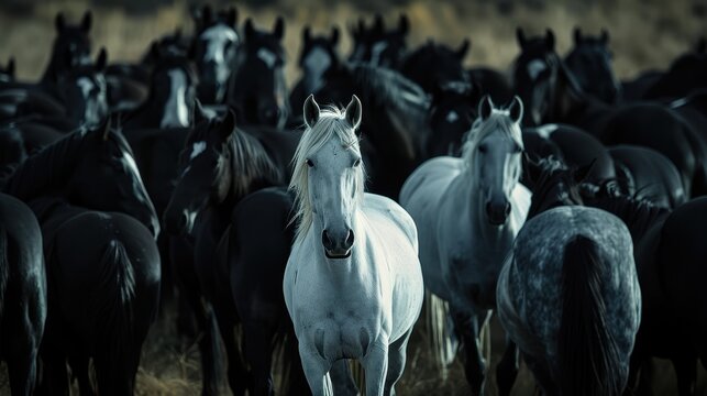 A striking white horse stands out among black horses.