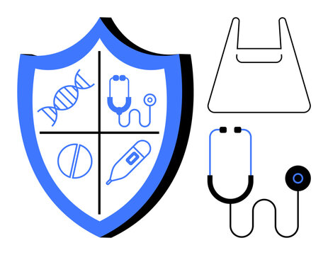 Shield with DNA helix, stethoscope, pill, thermometer in blue and black. Bag and separate stethoscope. Ideal for health, safety, protection, medical services pharmaceuticals diagnostics wellness
