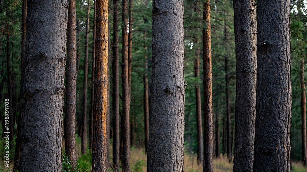 Poster majestic pine forest with tall trunks and atmospheric undergrowth : generative ai