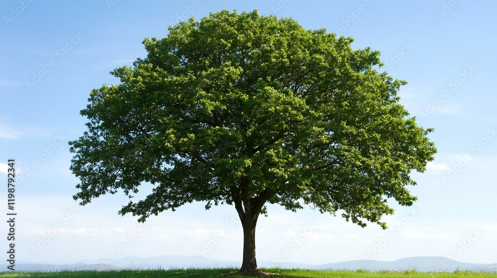Aufkleber vibrant green tree in open field with clear blue sky on warm sunny day : generative ai
