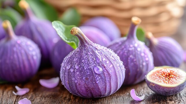 Fresh dew-covered purple figs on wooden table