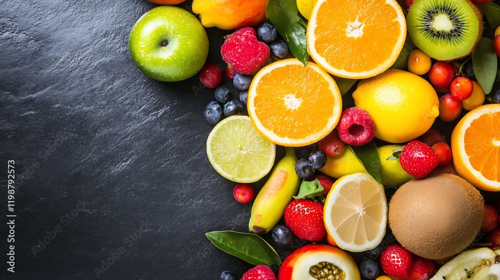Aufkleber fresh colorful fruit medley with citrus kiwi and berries on black slate background : generative ai