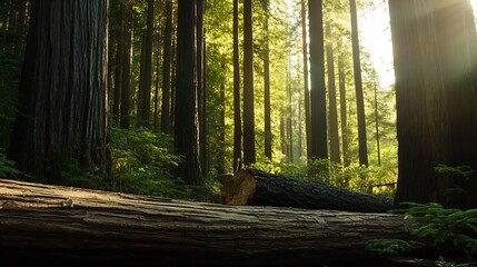 Sunlight Filtering Through Majestic Redwood Forest Trees Creating a Magical Atmosphere : Generative AI
