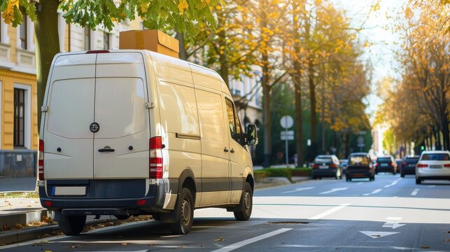White cargo van filled with packages on a busy city street