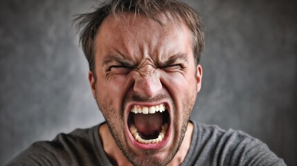 Man expressing intense anger on gray background. Represents emotional release, stress management, and mental health awareness.